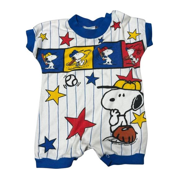 Vintage Little Miracles 3-6 months AOP Snoopy Peanuts baseballs stars romper one - Picture 1 of 4